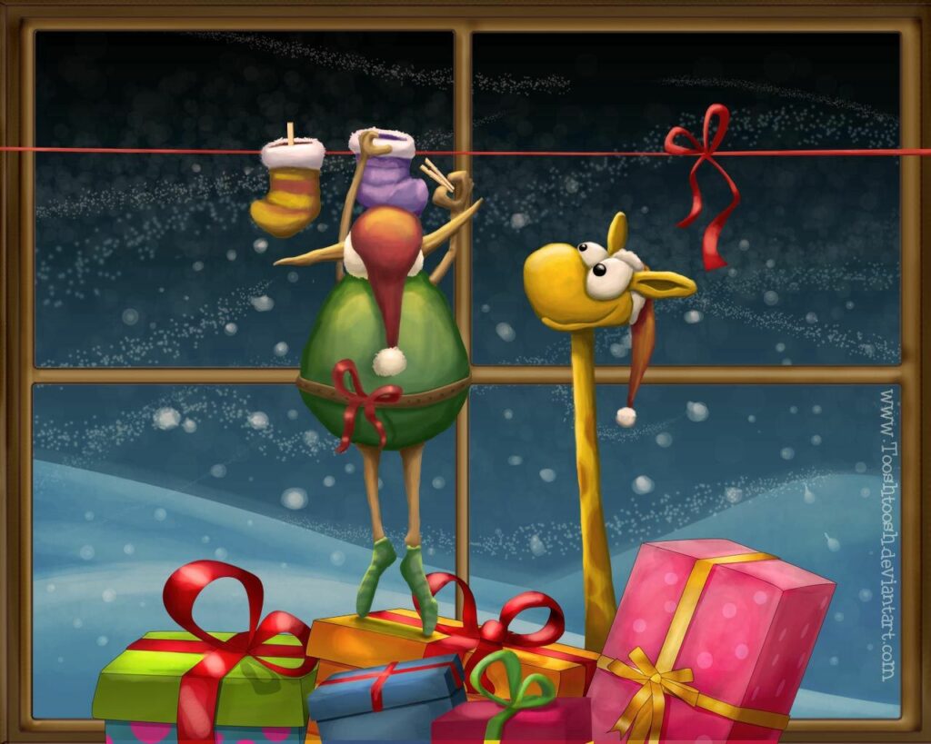 Festive Giraffe Wallpaper: Cozy Holiday Scene with Gifts & Snow
