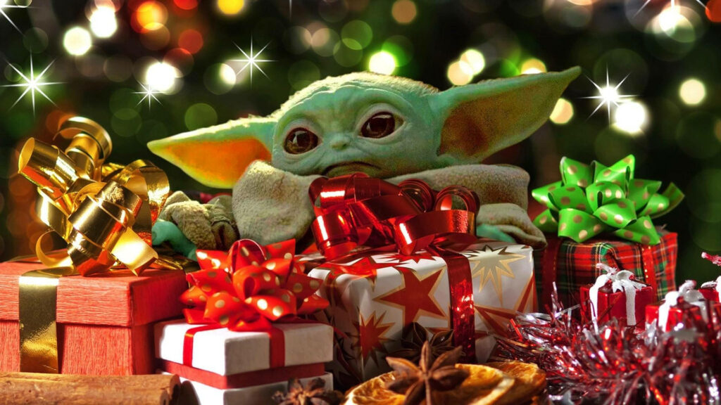Whimsical Holiday Wallpaper: Green Creature & Festive Gifts in Space