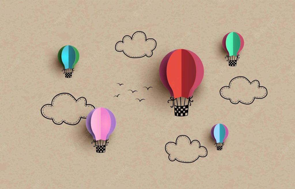 Colorful hot air balloon pop-up art wallpaper with sketched clouds and birds on beige background