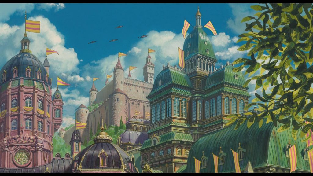 Howls Moving Castle wallpaper vibrant fantasy cityscape ornate architecture anime background