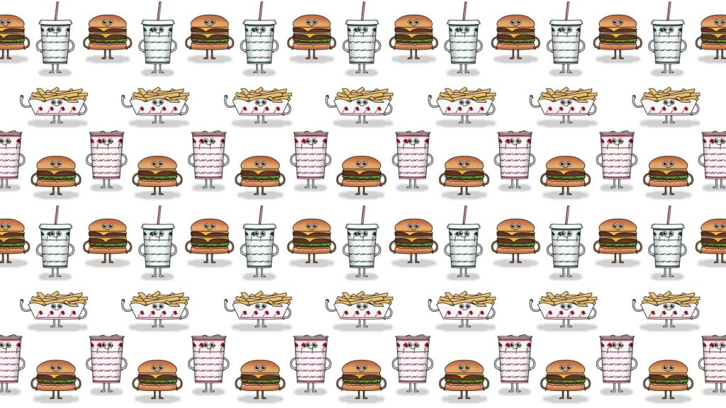 Whimsical In-N-Out Burger wallpaper with cartoon burgers fries soda cups on white background