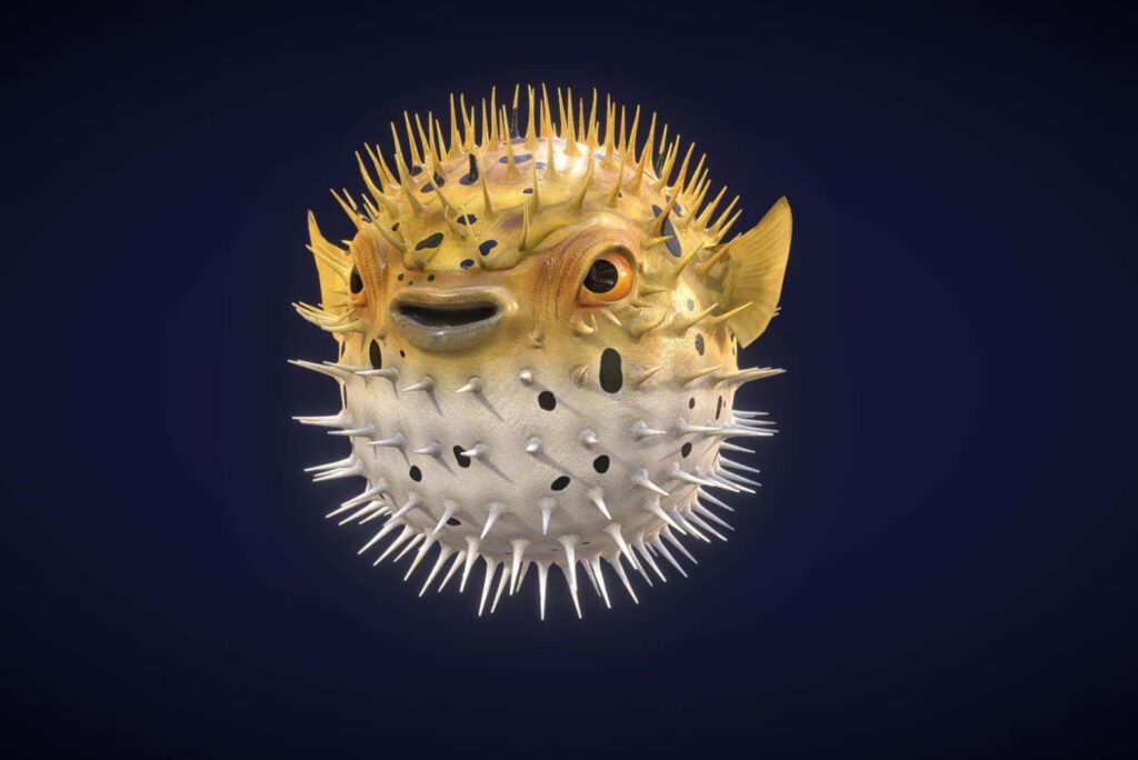Whimsical inflated blowfish wallpaper with spiky texture and expressive face on dark background