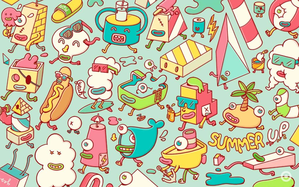 Kawaii summer wallpaper with colorful cartoon characters surfing clouds whale palm tree doodle art