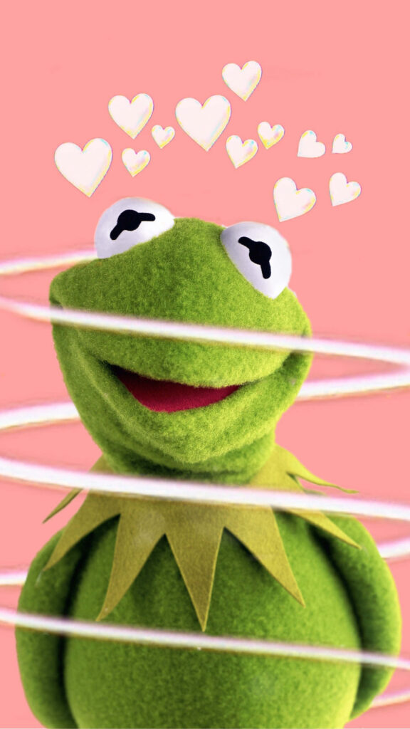 Cheerful Kermit Wallpaper: Whimsical Pink Background with Hearts