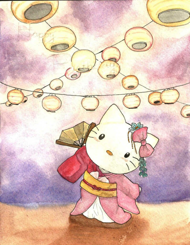 Festive Watercolor Kimono Character Wallpaper with Lanterns