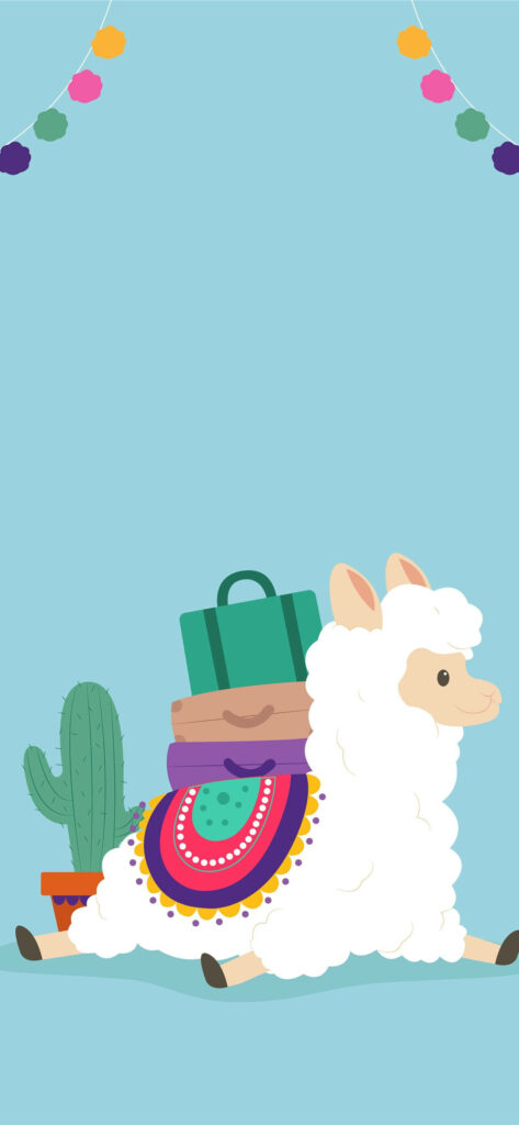 Playful Llama Wallpaper: Adorable Design with Colorful Cactus & Garlands