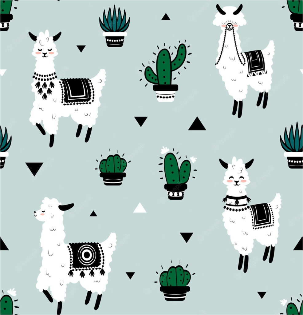 Whimsical Llama Wallpaper with Cacti & Geometric Patterns