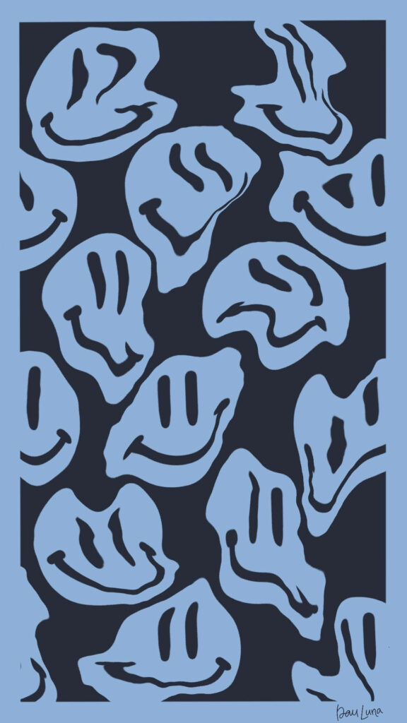 Whimsical Melodies: The Eclectic Dance of Distorted Blue Preppy Smiley Faces against an Enigmatic Black Canvas, Encased in Serene Blue Borders Wallpaper