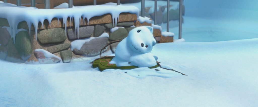 Partially melted snowman with tilted head and smile on sled in snowy Arctic landscape wallpaper