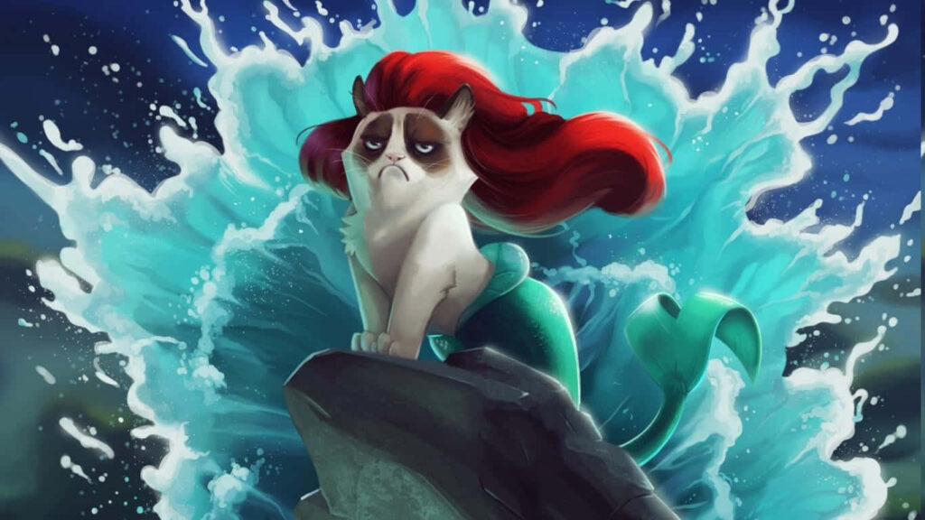 Whimsical Grumpy Cat Mermaid Wallpaper: Fun & Fantasy Background