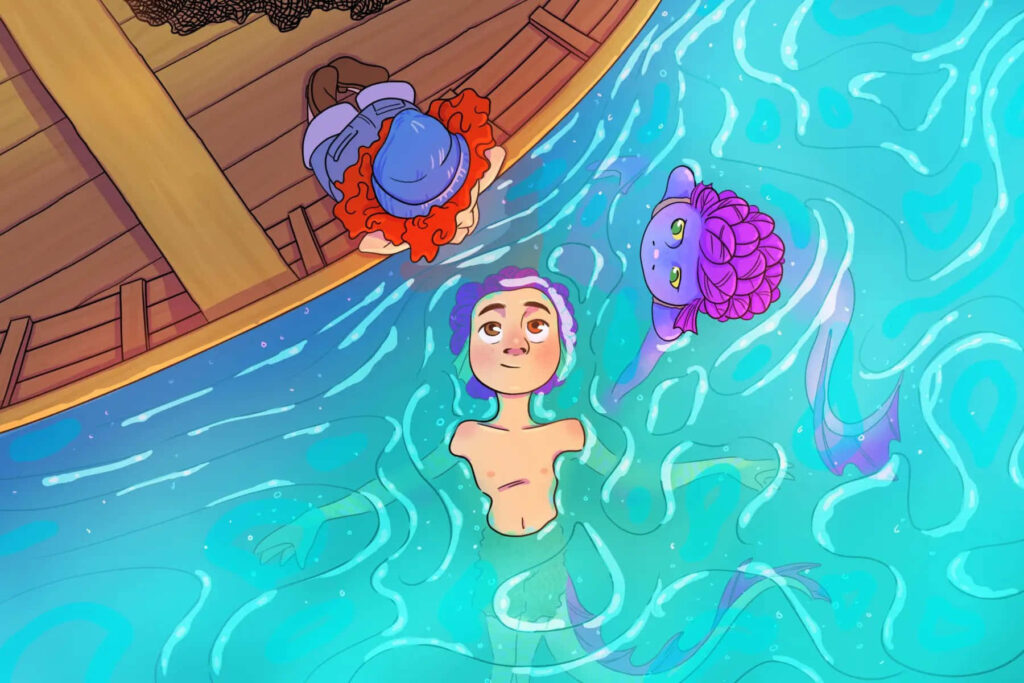 Whimsical Mermaid Wallpaper: Colorful Cartoon in Blue Water