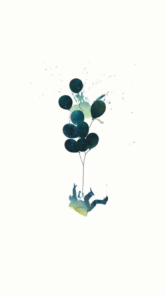 Whimsical Minimalist Wallpaper: Silhouette Lifted by Colorful Balloons