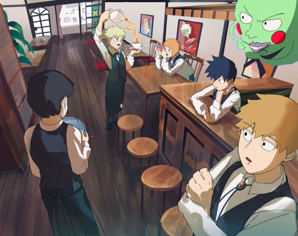Whimsical Mob Psycho 100 Restaurant Wallpaper – Lively Character Interactions