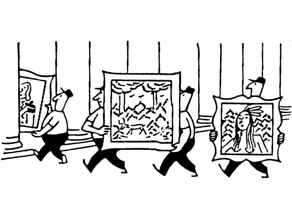 Whimsical Museum Art Workers: Playful Illustration Background Wallpaper