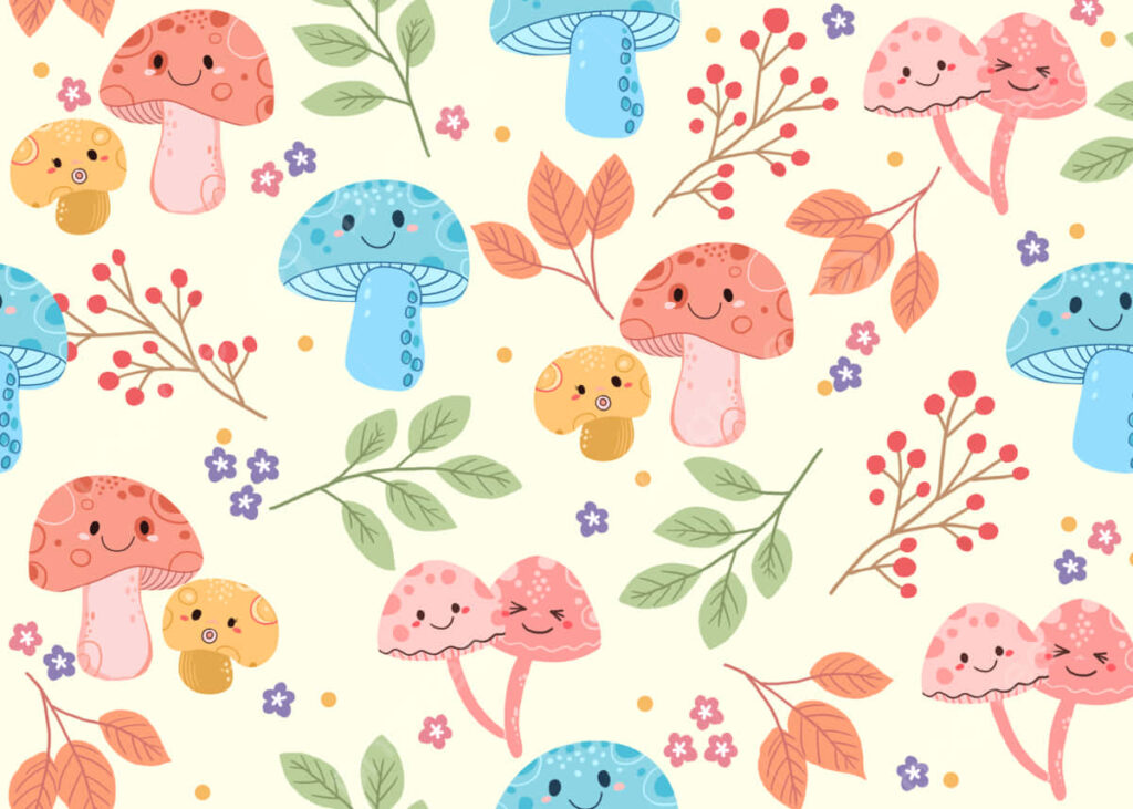 Whimsical Mushroom Wallpaper: Cute Pink, Blue & Yellow Patterns