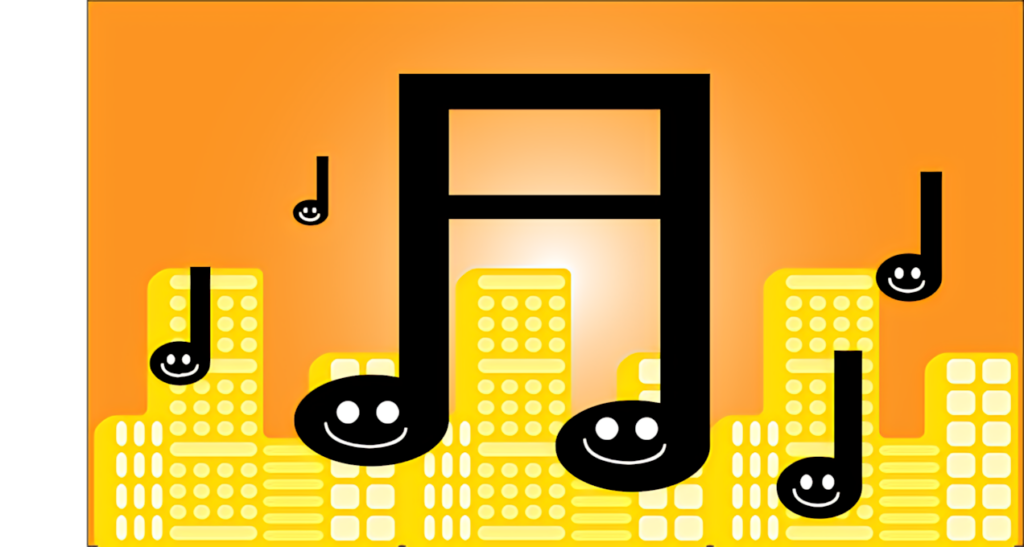 Whimsical Music Urban Wallpaper: Cheerful Notes & Golden Cityscape