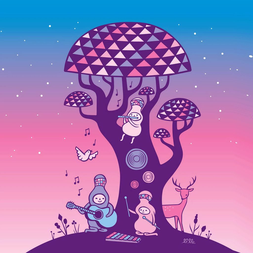 Whimsical 4K iPad Pro wallpaper with cute musicians under geometric tree and floating notes