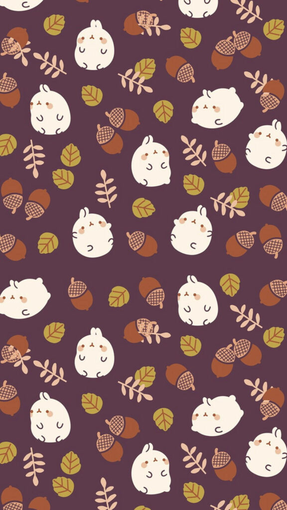 Whimsical Woodland Delight: Adorable Phone Wallpaper Featuring Leafy Patterns, Acorns, and Playful Bunnies on Brown Background