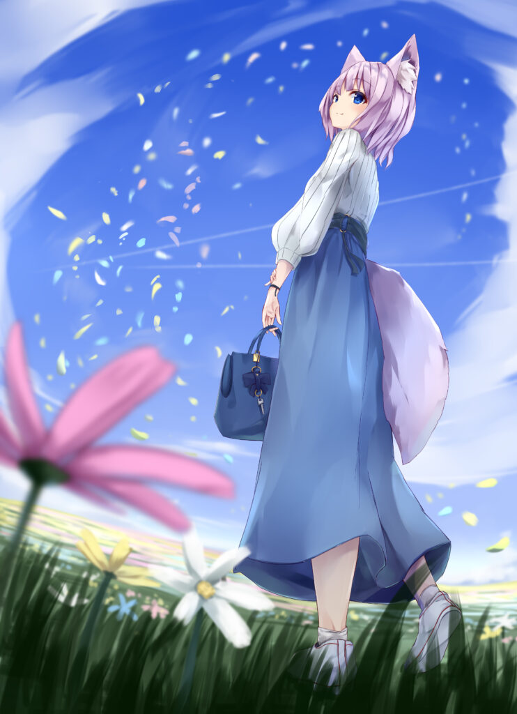 Whimsical Neko Girl in Vibrant Field - Anime Wallpaper Background