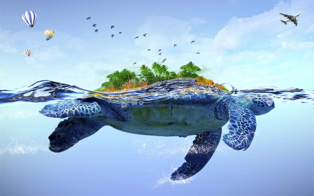 Whimsical Turtle Wallpaper: Island Oasis & Floating Balloons
