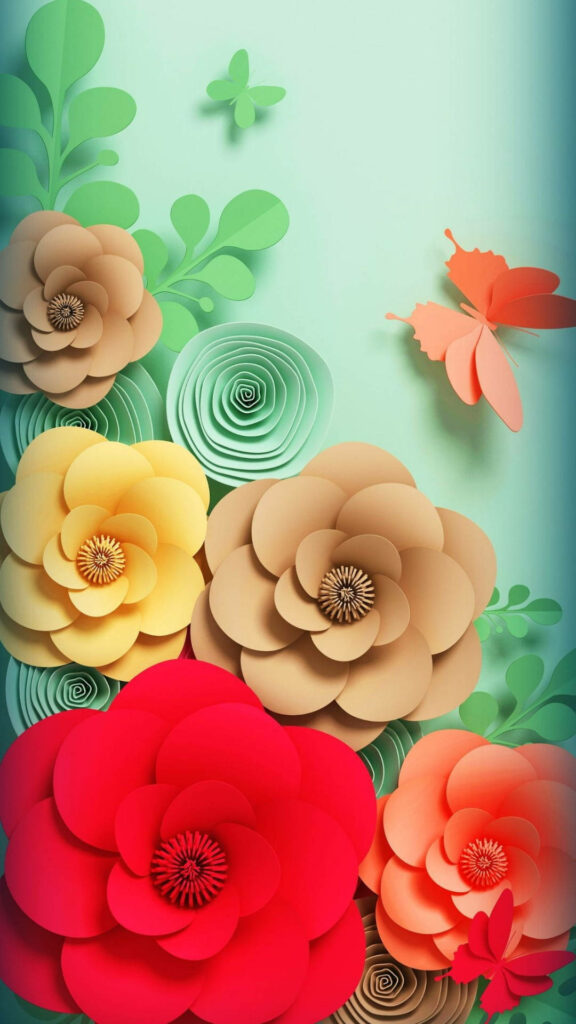 Blooming Origami: A Vibrant Floral Spectacle with Graceful Butterflies for a Whimsical Flower Mobile Wallpaper
