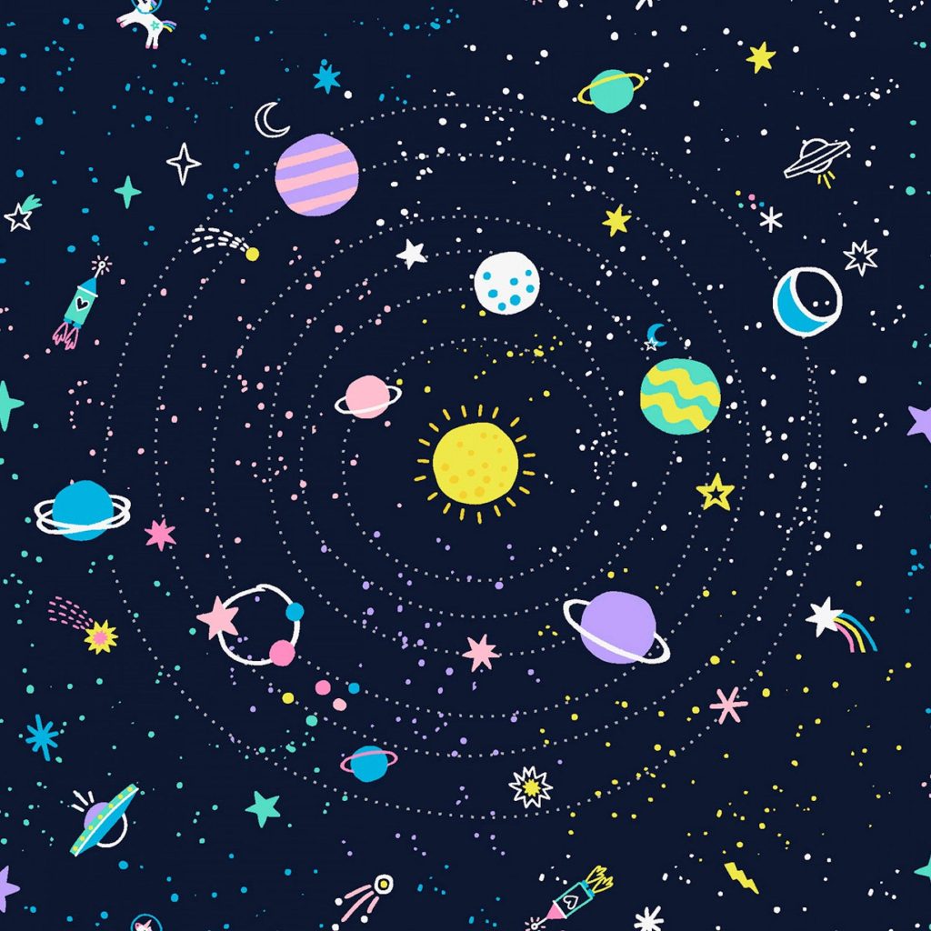 Whimsical cartoon outer space wallpaper with vibrant planets sun stars rockets UFOs and unicorn
