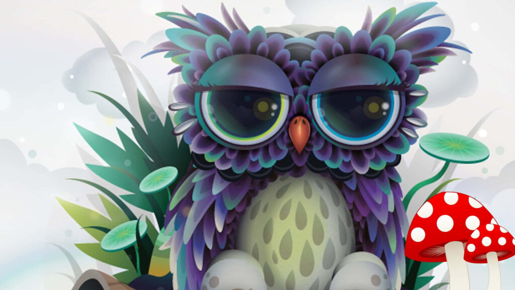 Whimsical Owl Wallpaper: Colorful Foliage & Vibrant Background