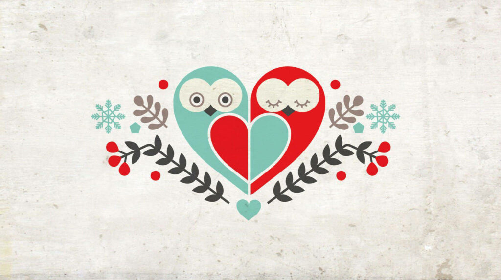 Whimsical Owl Heart Wallpaper: Pastel Illustration & Floral Motifs