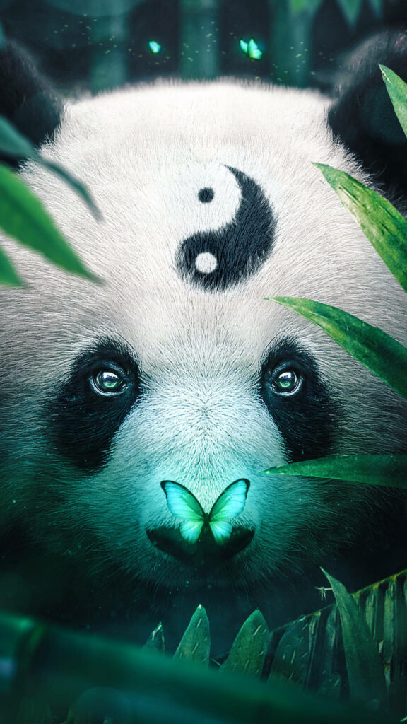 Serene Jungle Panda Wallpaper with Yin-Yang Symbol & Butterfly