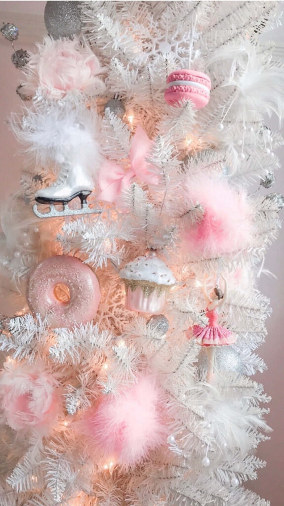 Whimsical Pastel Christmas Tree Wallpaper with Soft Pink & White Decor