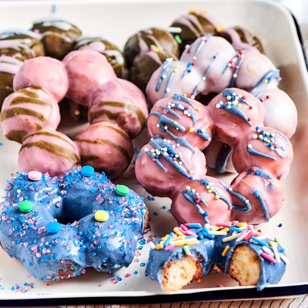 Tray of colorful pastel-glazed donuts with sprinkles and drizzles in a cheerful snack wallpaper