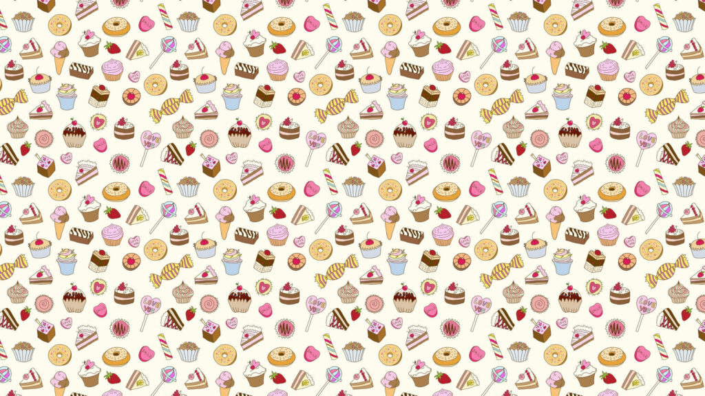 Whimsical hand-drawn pastel candies cupcakes cookies sweet treats on cream wallpaper background