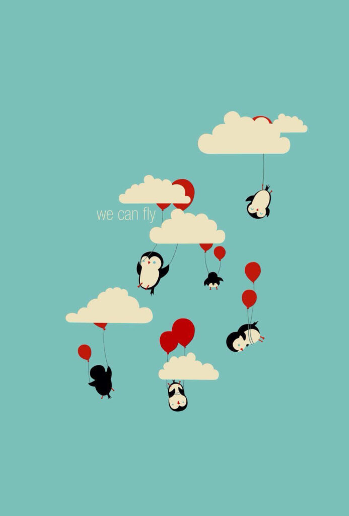 Playful Penguin Wallpaper: Adorable Scene with Balloons & Clouds
