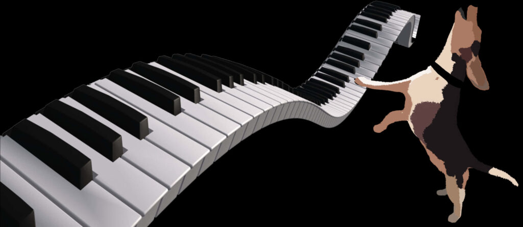 Whimsical Piano Keyboard Wallpaper with Playful Dancing Dog