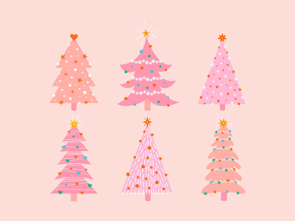 Whimsical Pink Christmas Trees Wallpaper with Festive Decorations