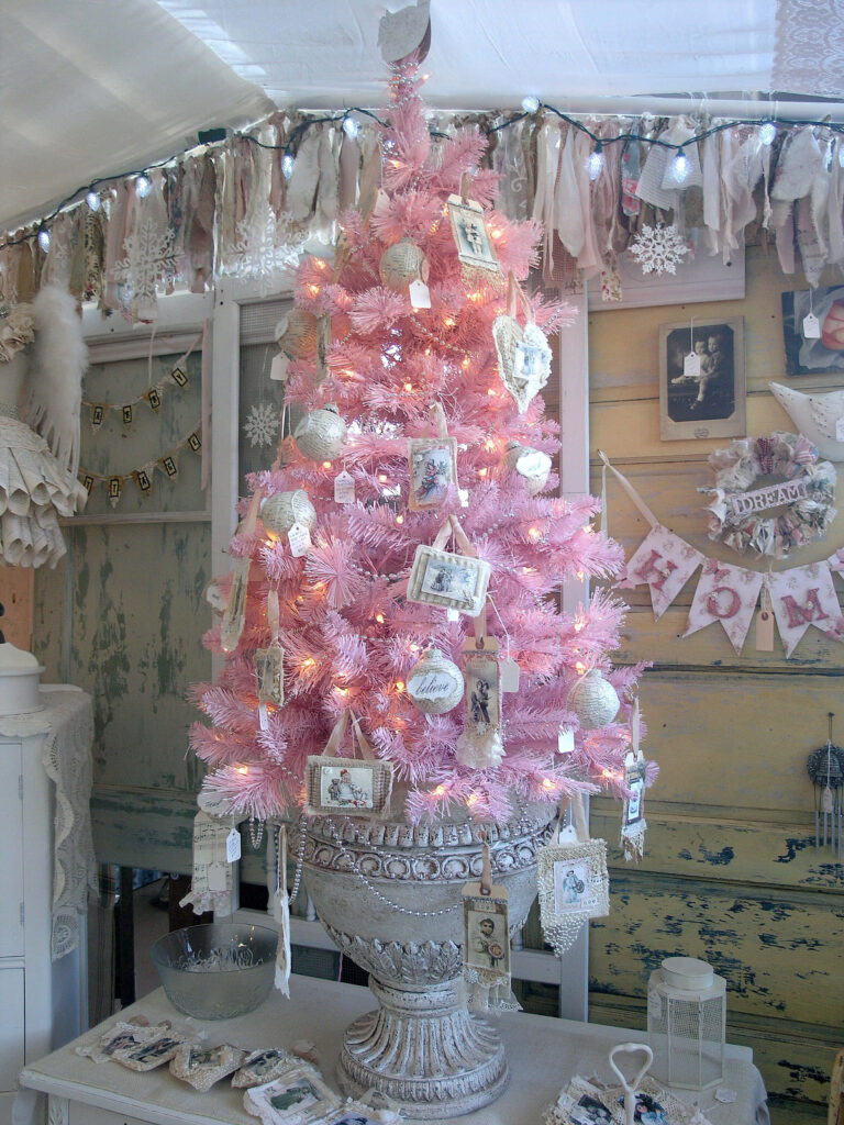 Whimsical Pink Christmas Tree Wallpaper for Cozy Holiday Ambiance