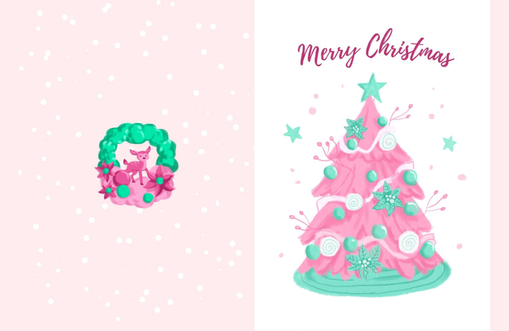 Whimsical Pink Christmas Wallpaper with Cute Wreath & Tree Decor
