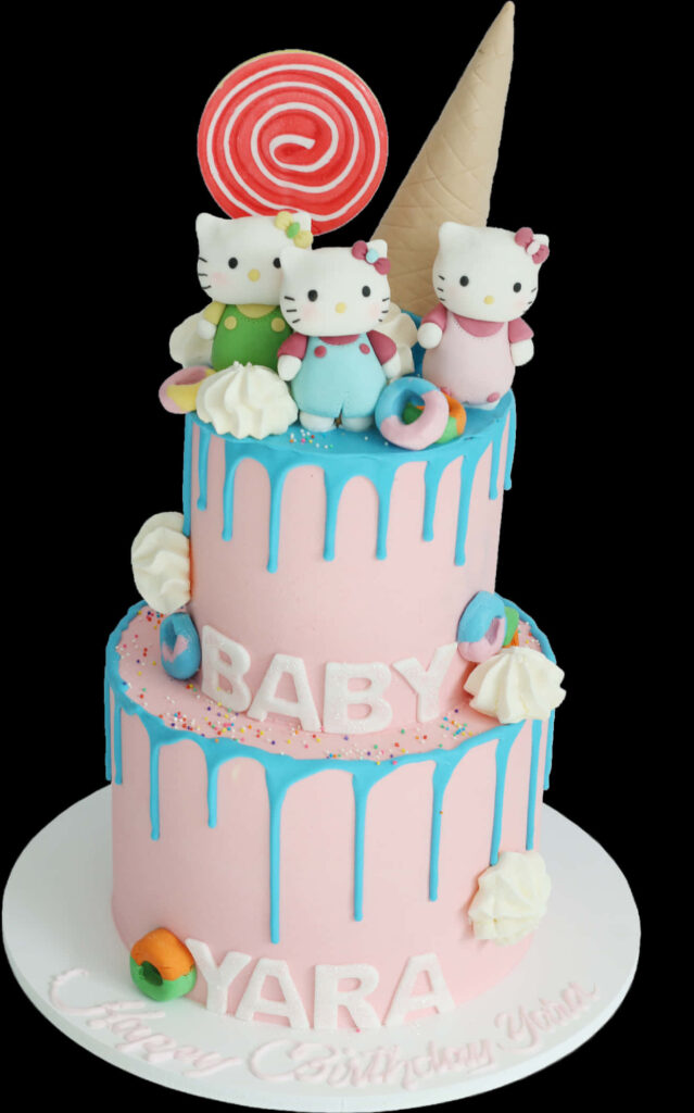 Charming Hello Kitty Pink Birthday Cake with Blue Drip Icing Wallpaper