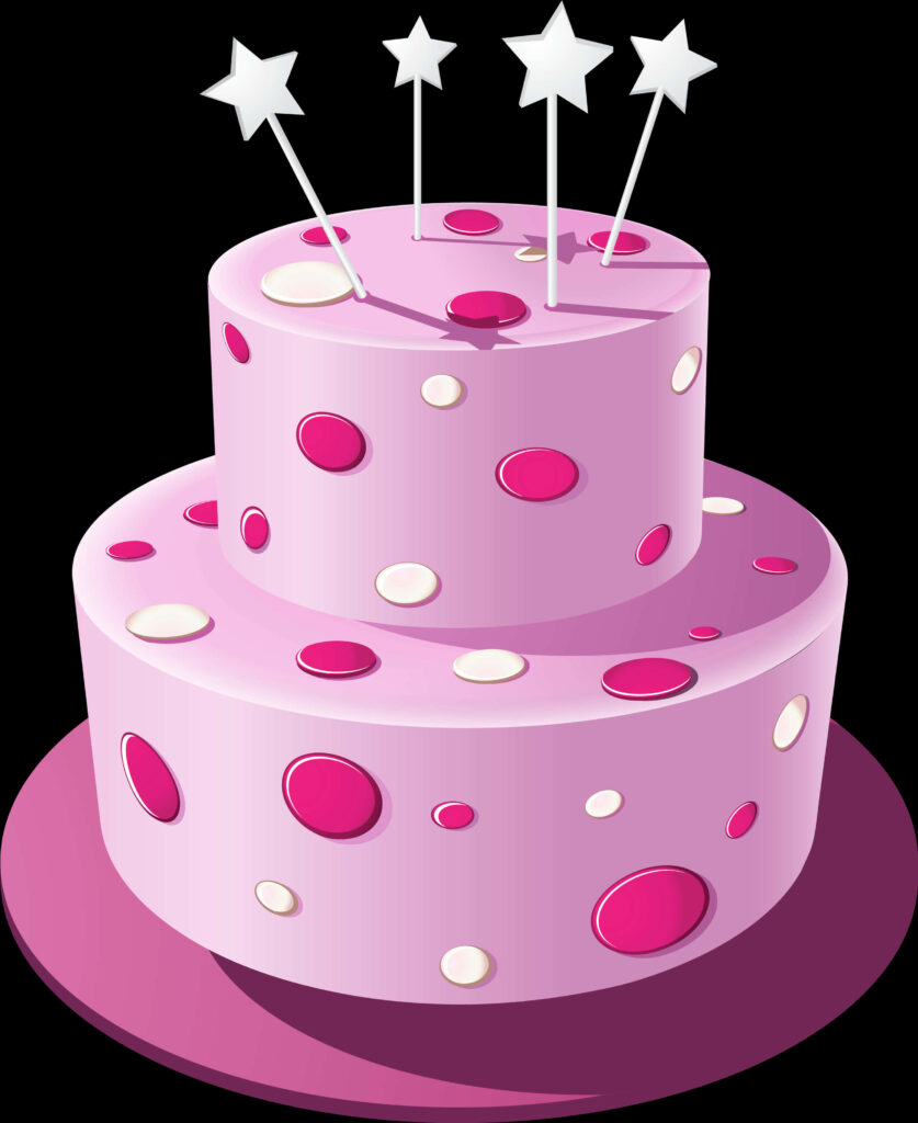 Whimsical Pink Two-Tier Birthday Cake with Polka Dots & Stars Wallpaper