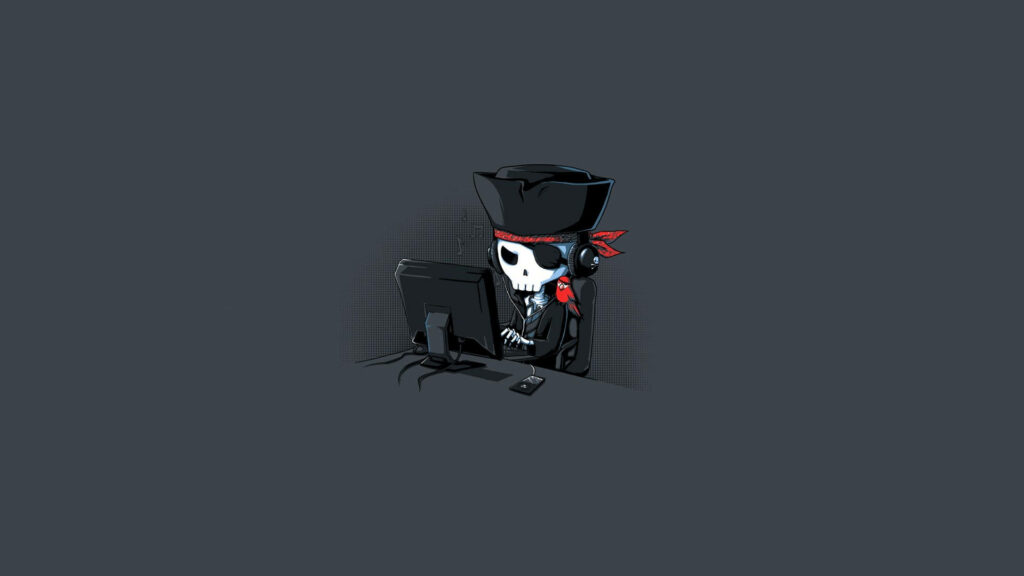 Whimsical Pirate Skeleton at Computer - Eerie Dark Wallpaper