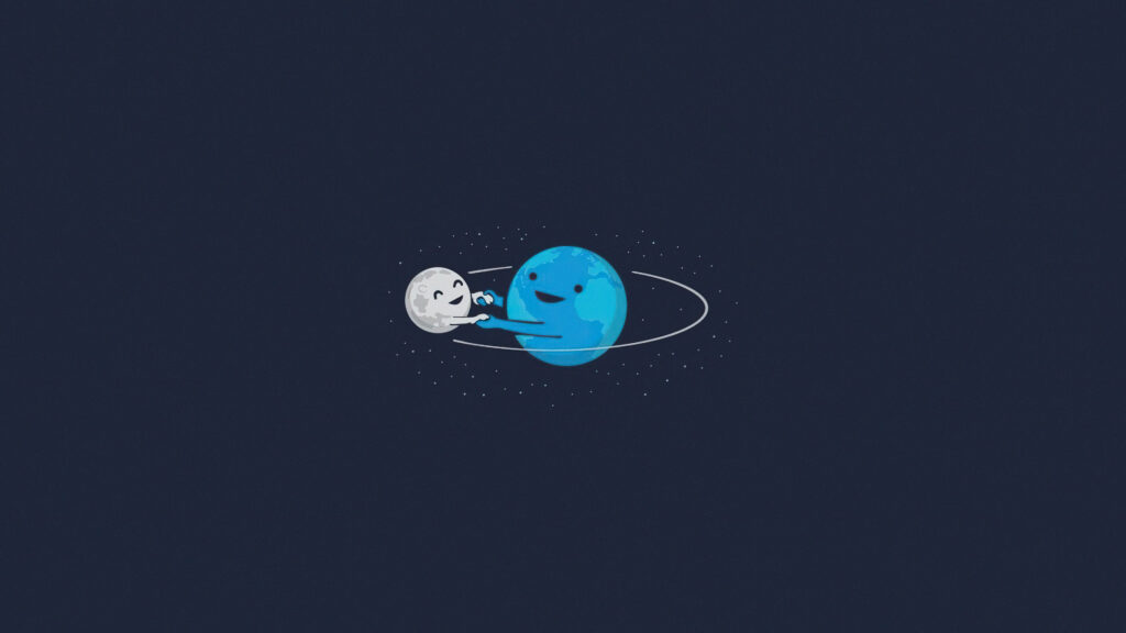 Whimsical Planet and Moon Dancing Wallpaper - Dark Blue Background