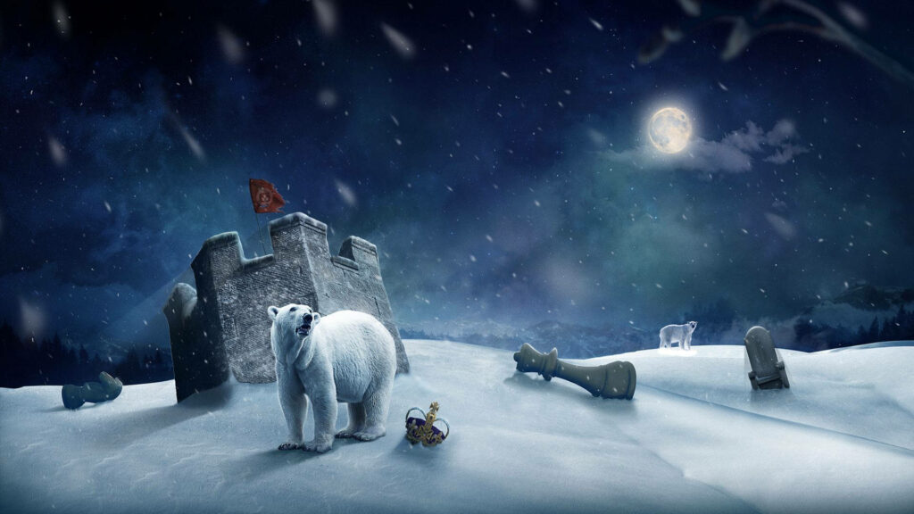 Whimsical Polar Bears on a Snowy Chessboard at Night - Wallpaper
