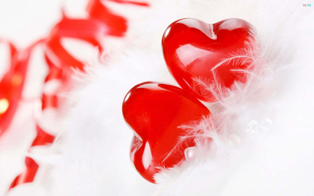 Charming Red Hearts on Soft White Feathers Wallpaper Background