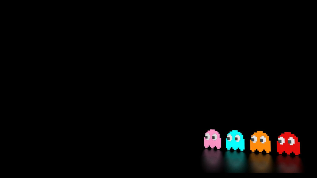 Pac-Man Ghosts Unleash Adorable Vibes: A Wintry Reflection on Black Surface creates a Perfect Cute Aesthetic PC Background Wallpaper