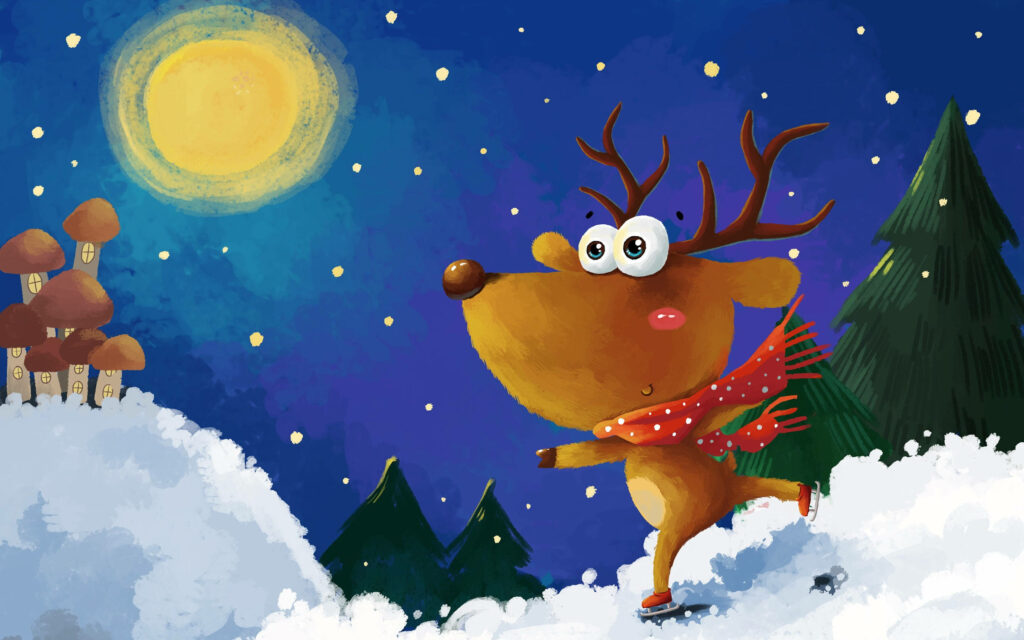 Joyful Reindeer Skating Wallpaper - Festive Christmas Scene