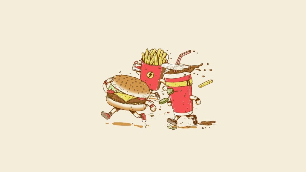 Whimsical cartoon fast food characters sprinting burger soda fries vibrant retro wallpaper background