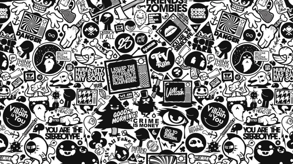Cartoon Chaos: Monochrome Doodle Explosion featuring a Classic TV and Whimsical Characters Wallpaper