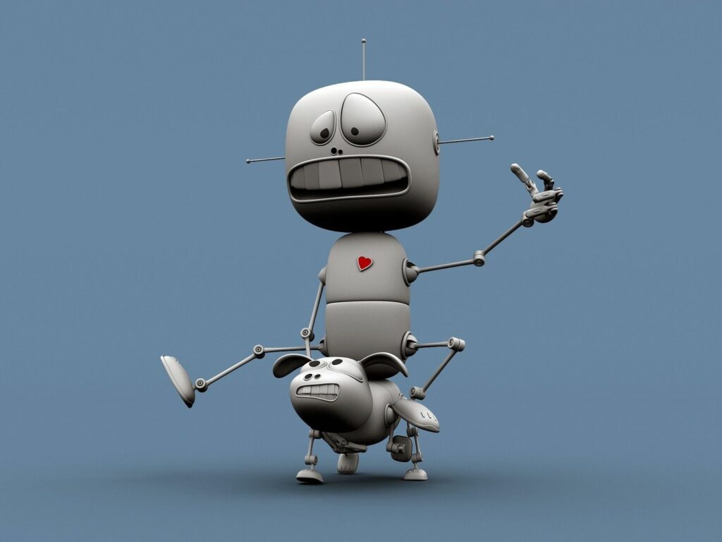 Playful Robot & Dog Wallpaper - Whimsical Blue Background