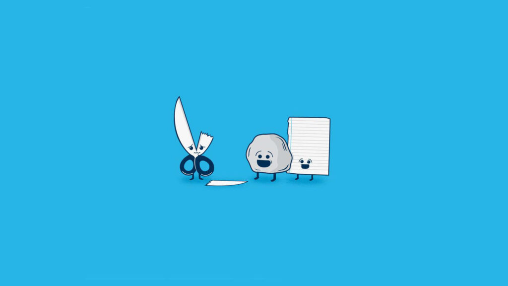 Quirky Rock Paper Scissors Cartoon Wallpaper on Bright Blue Background