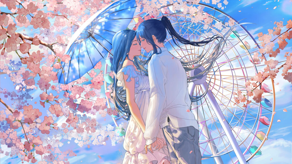 Romantic Anime Date: Blue-haired Cute Anime Couple Enjoying Cherry Blossoms Under a Parasol near a Majestic Ferris Wheel Wallpaper